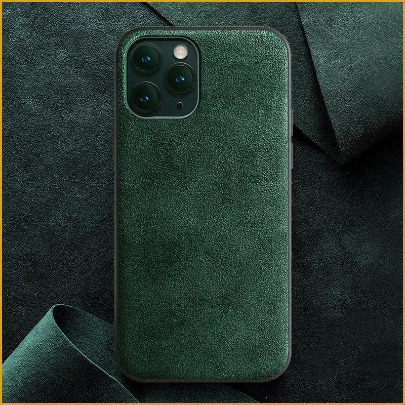 Suede full-cover iPhone case in dark blue, dark night green or elegant black colours