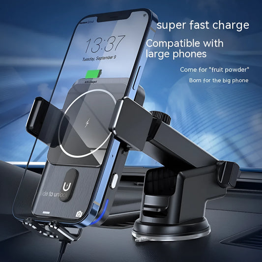 Car wireless phone charger holder with 15W fast charging in black, showing suction cup and clip mounting options