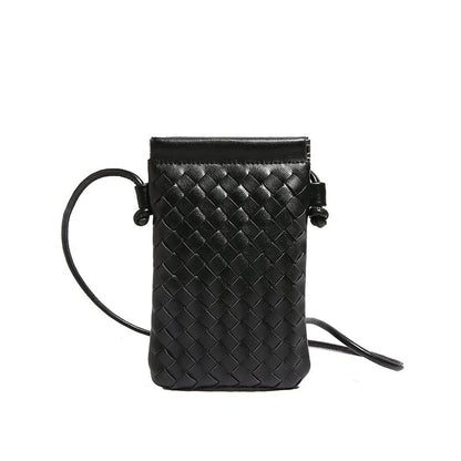 Vertical square vintage weave crossbody bag in multiple colours showing internal dark cell phone pocket.