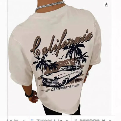 Men's short-sleeved street sports t-shirt with a digital print pattern, available in multiple sizes.