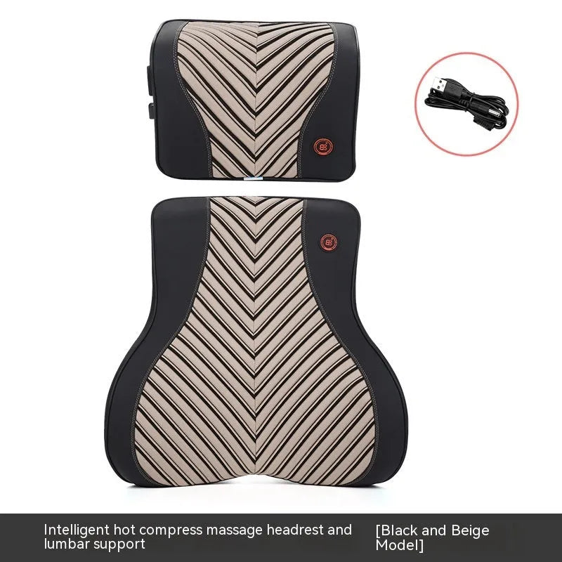 Black and orange electric massage heating car headrest and lumbar support cushion on a vehicle seat.