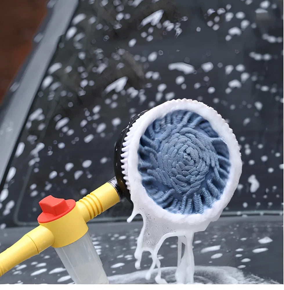Yellow automatic rotating car wash brush with 130cm telescopic handle and 26cm chenille head for efficient vehicle cleaning