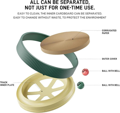 Green cat scratching board with 45cm diameter, high-density cardboard, and integrated ball toys for indoor cats