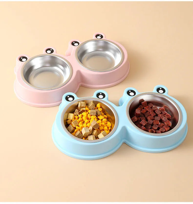 Stainless steel double pet bowl set with frog dish in blue, green, or pink.
