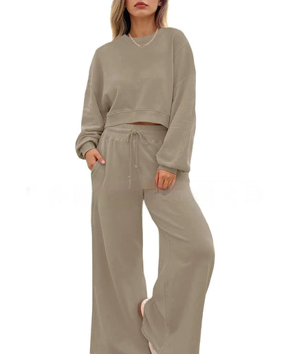Women's solid colour polyester two-piece set with trousers and long-sleeved top in street hipster style