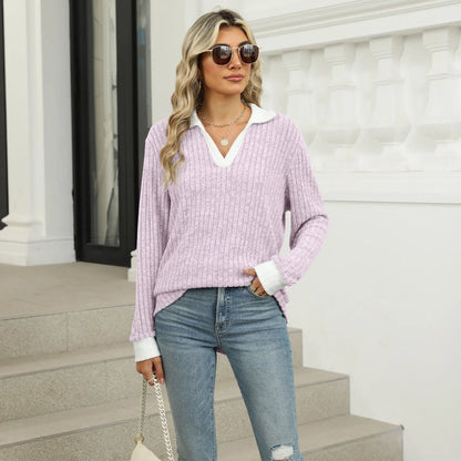 Women's loose-fit lapel long sleeve t-shirt in various colors