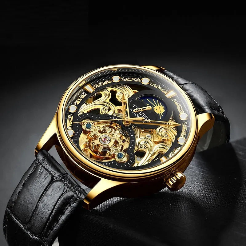 Men's automatic mechanical watch with leather strap showing 16mm thickness and business-style dial design
