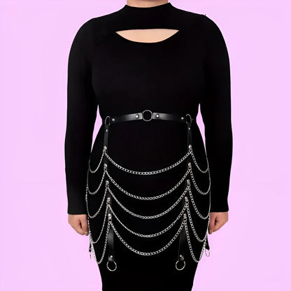 Black PU leather bandage-style waist chain clothing ornament for women
