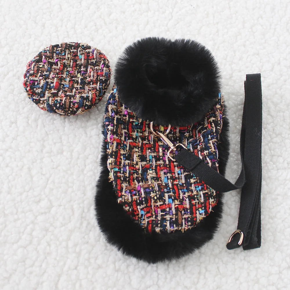 Classic style dog lead with cloth cloak, shown in beret, bow, and plain cloak options.