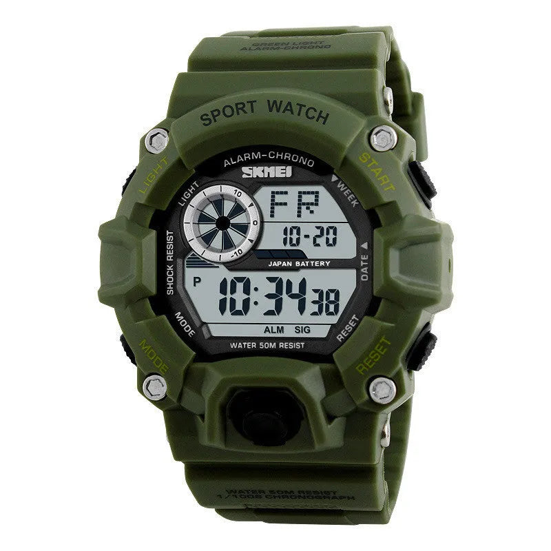 Waterproof electronic watch with round dial, plastic strap, in army green colour, showing alarm and GMT functions.