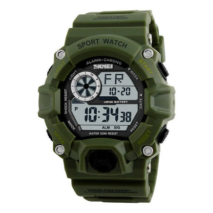 Waterproof electronic watch with round dial, plastic strap, in army green colour, showing alarm and GMT functions.