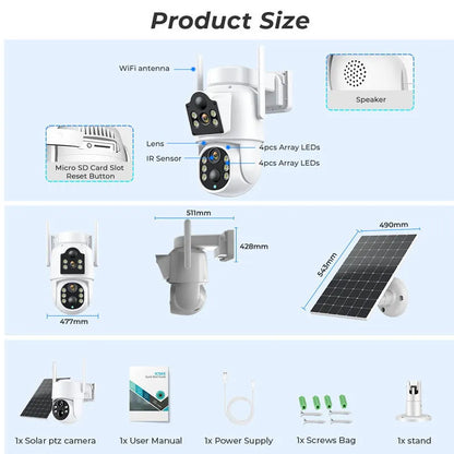 Outdoor solar WiFi security camera with solar panel, showing 4MP HD resolution and 20m monitoring range