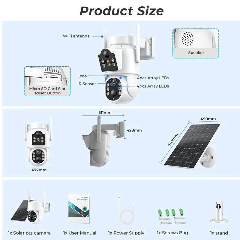 Outdoor solar-powered WiFi security camera monitor with 4MP HD resolution and 20-metre effective monitoring distance, featuring dual-light full-colour night vision and plug-in-free solar panel operation in black and white or all-white casing