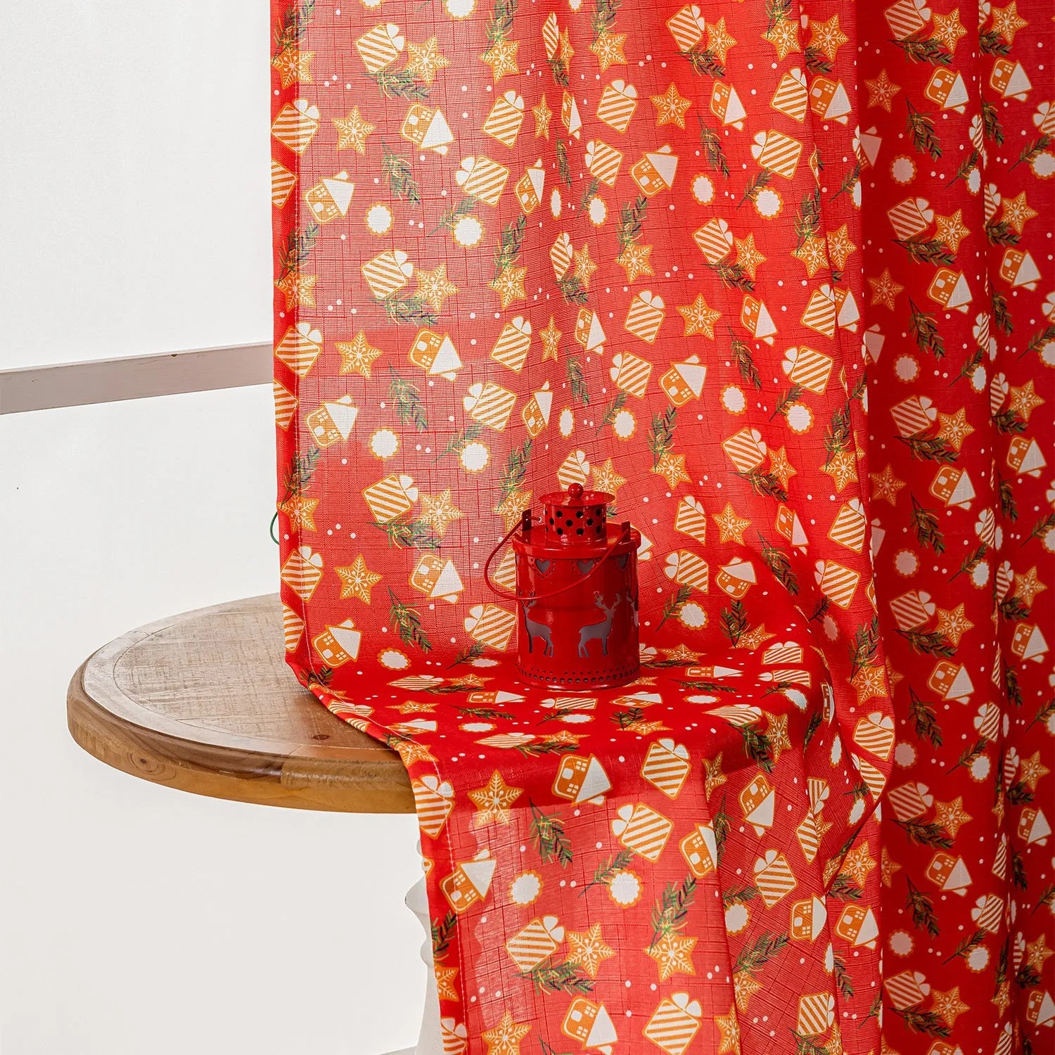 Christmas curtain with snowman and angel print in green or red, 1 metre length with semi-sun shade function