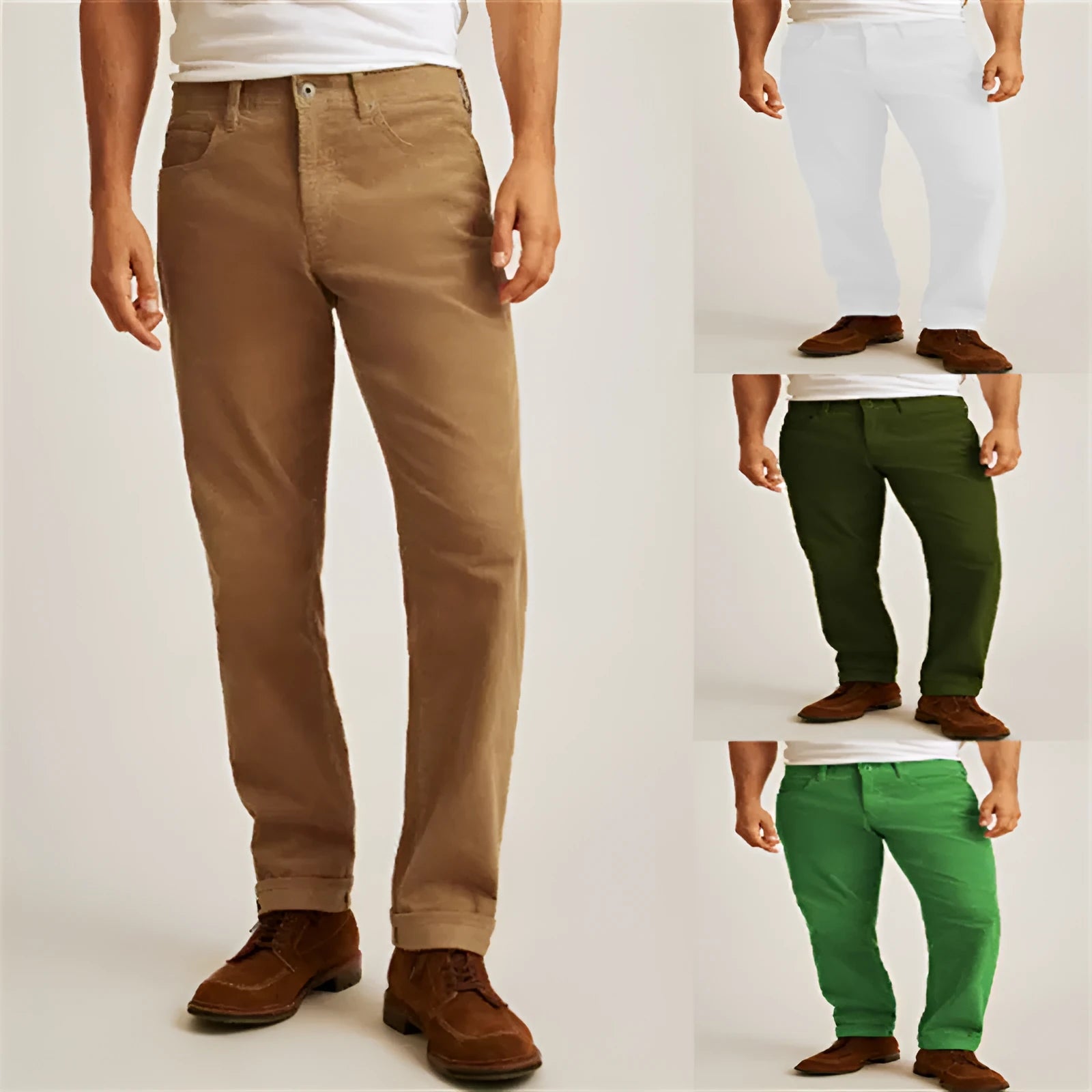 Corduroy straight trousers in green, army green, white, or khaki with a loose casual fit and zip placket