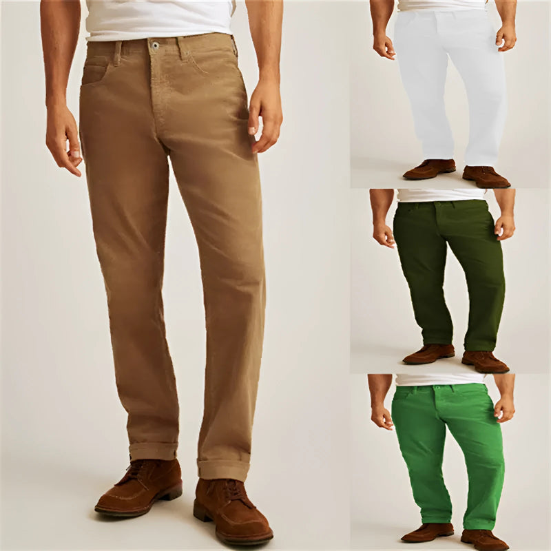 Corduroy straight trousers with a loose casual fit, available in four solid colours and seven sizes from S to XXXL, featuring a mid waist and zip placket for easy wear.