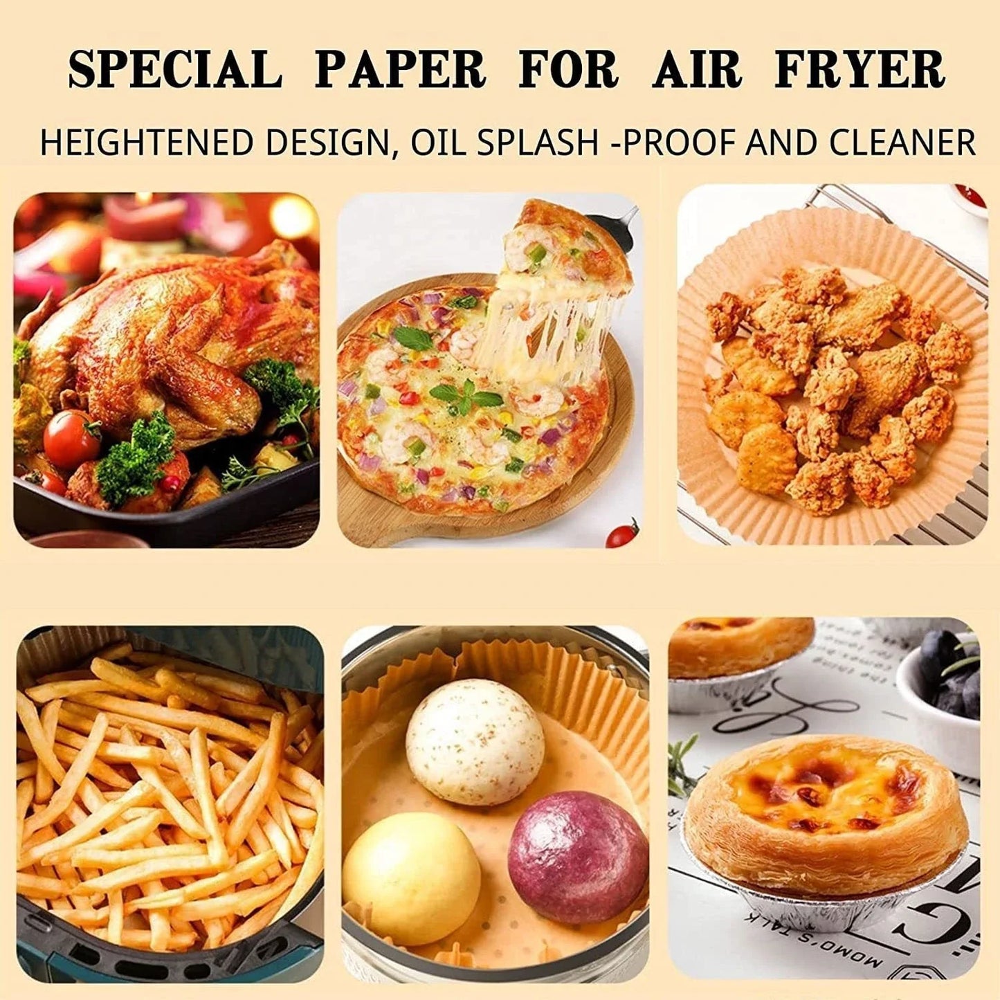 Disposable air fryer liners made of durable, food-grade parchment paper for effortless cleanup and healthy cooking