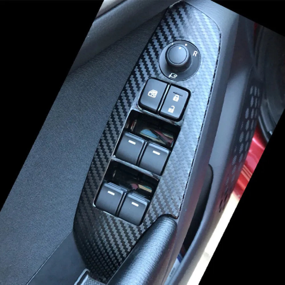 TPU protective film set for car door control panels in transparent, carbon fibre black, and matte black finishes