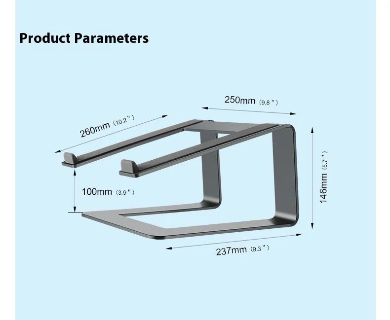Black aluminium alloy laptop stand raising a laptop for ergonomic desktop use