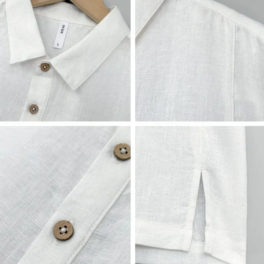 Men's linen summer top with thin lapels, loose fit, and short sleeves in grey green colour