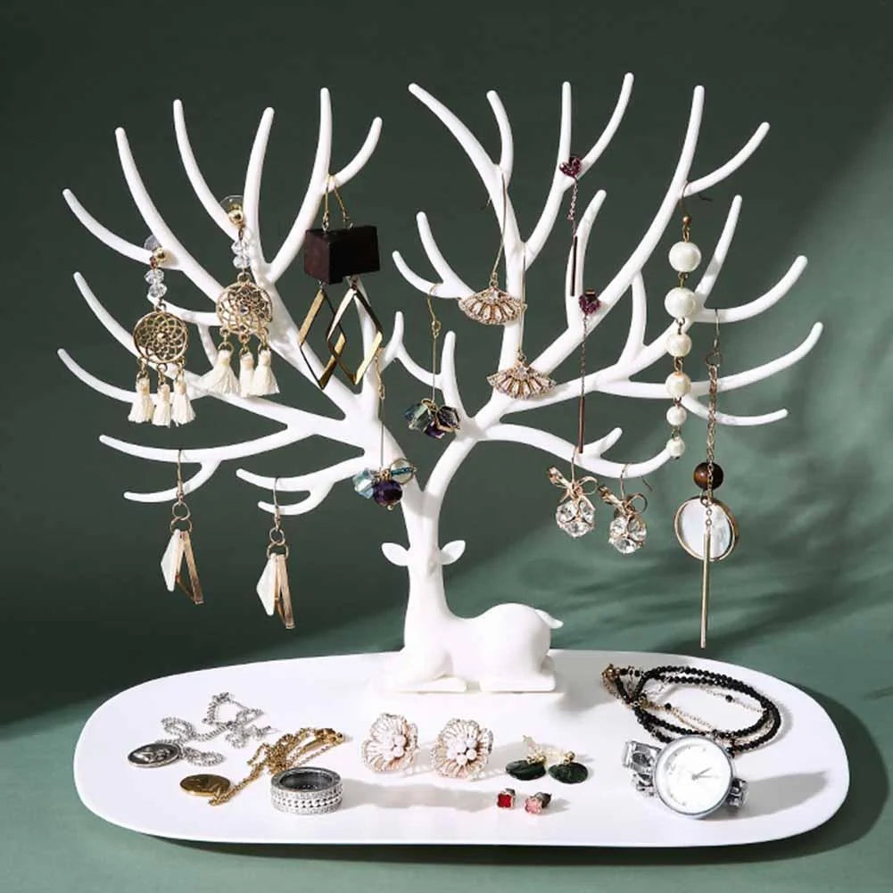 Deer Antler Jewelry Stand in white and black, organizing earrings, necklaces, and bracelets