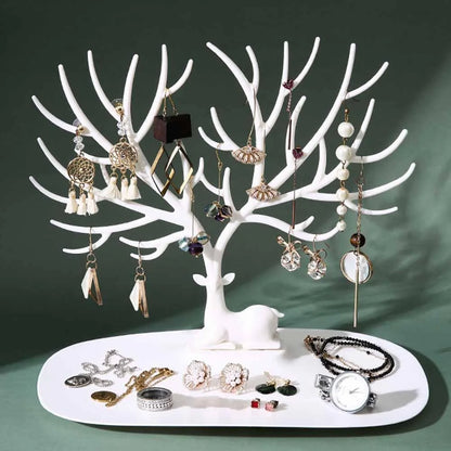 Deer Antler Jewelry Stand in white and black, organizing earrings, necklaces, and bracelets