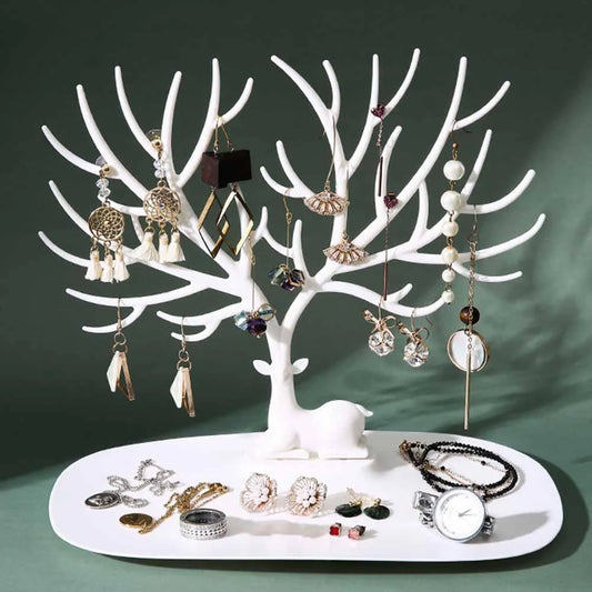 Deer Antler Jewelry Stand in white and black, organizing earrings, necklaces, and bracelets