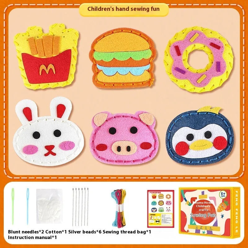 Children's non-woven sewing craft kit in colour box, 19.5 x 16 x 5cm, with needle, thread and instruction manual