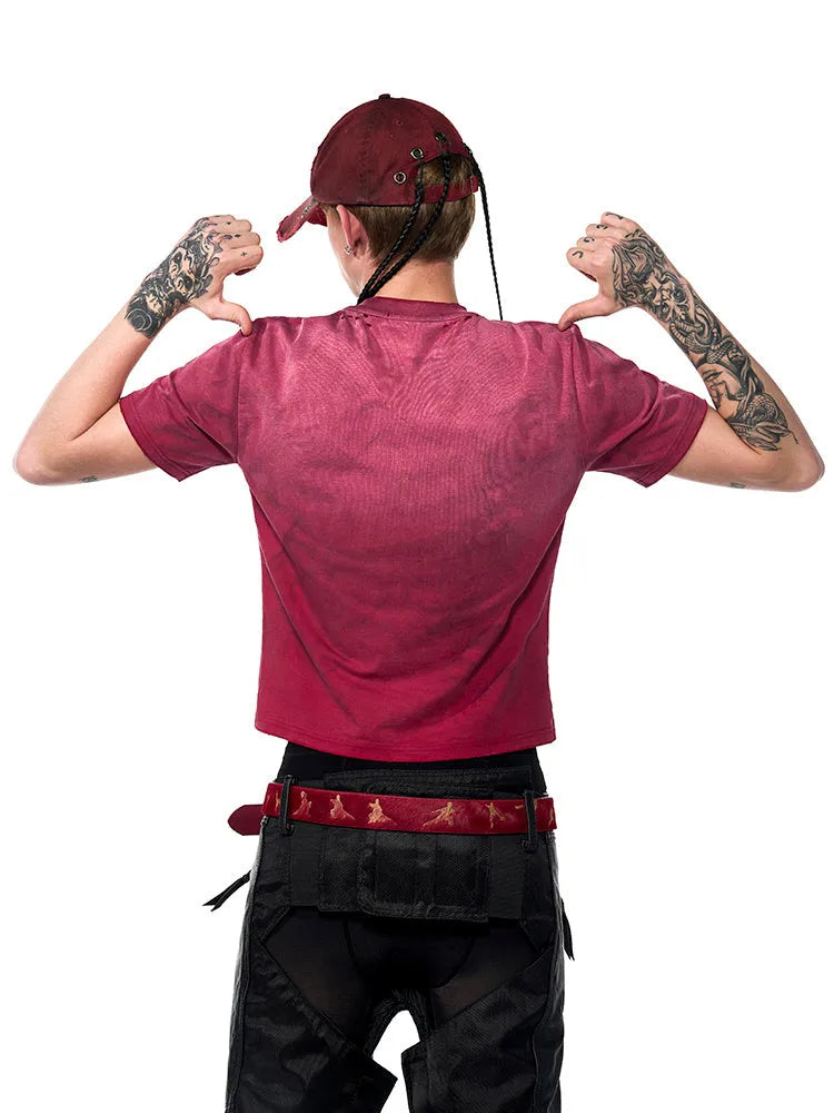 Men's red slim-fit distressed t-shirt with short sleeves and round neck in Korean youth style