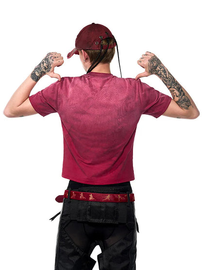Men's red slim-fit distressed t-shirt with short sleeves and round neck in Korean youth style
