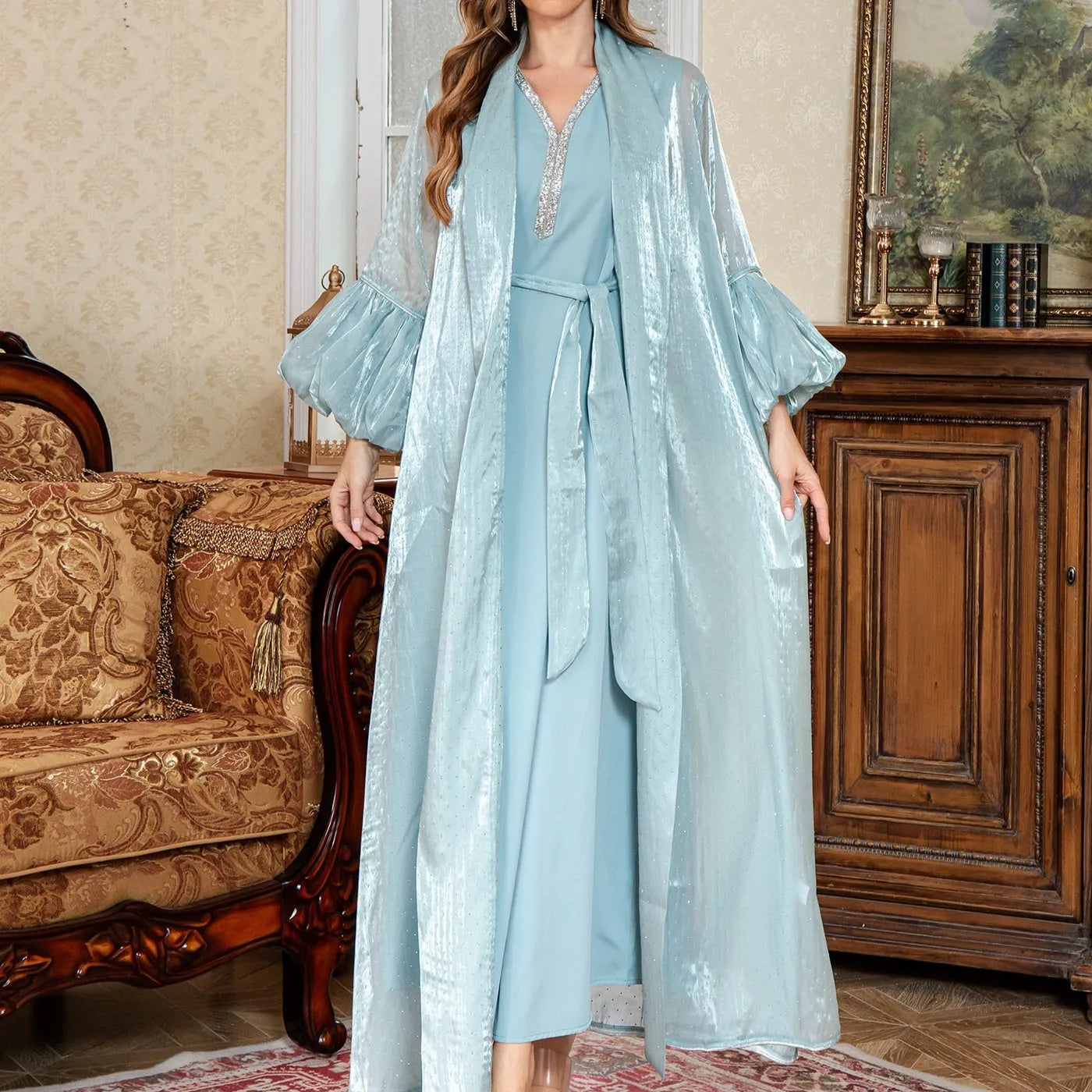 Dubai two-piece dress set with rhinestone straps in blue or brown with long sleeves and skirt