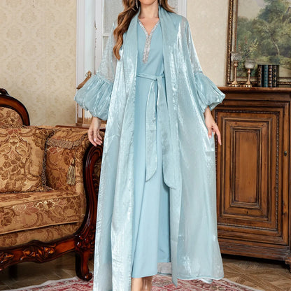 Dubai two-piece dress set with rhinestone straps in blue or brown with long sleeves and skirt