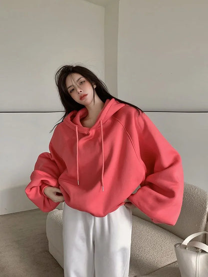 Women's loose hooded sweater in watermelon red mulberry silk, sleeveless design with solid colour, sizes S to 2XL
