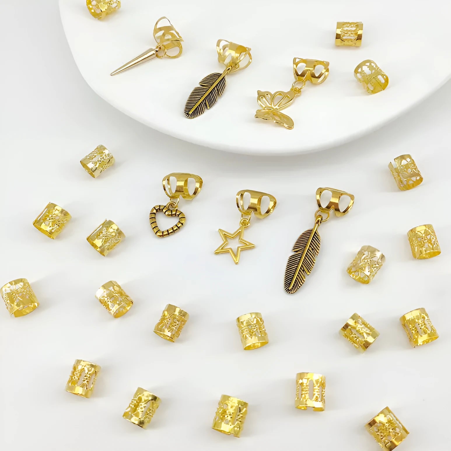 Antique style dirty braid hair rings in electroplated gold or silver alloy, 26-piece pack