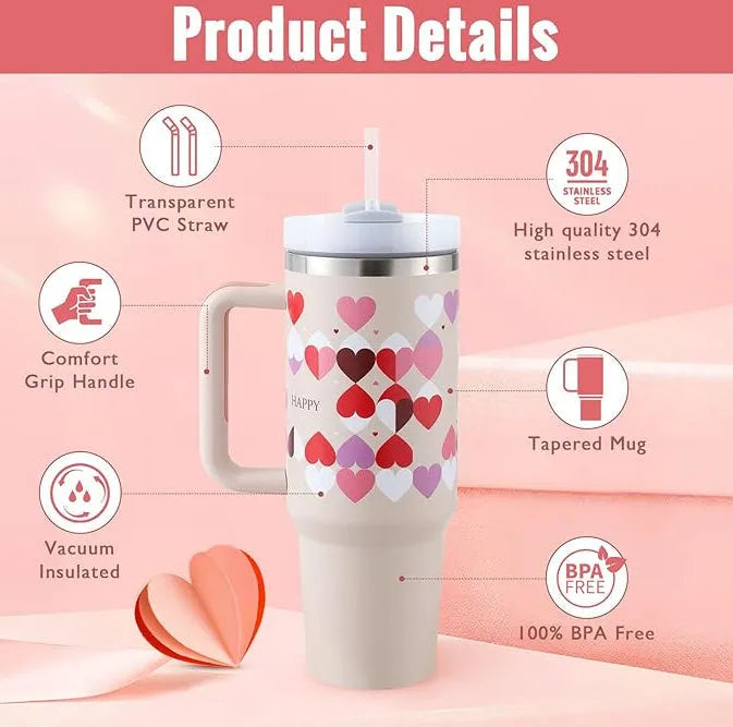 40 oz stainless steel insulated tumbler with handle and straw in tapered mug design