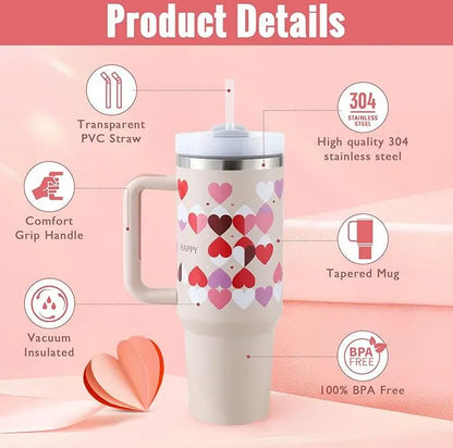 40 oz stainless steel insulated tumbler with handle and straw in tapered mug design
