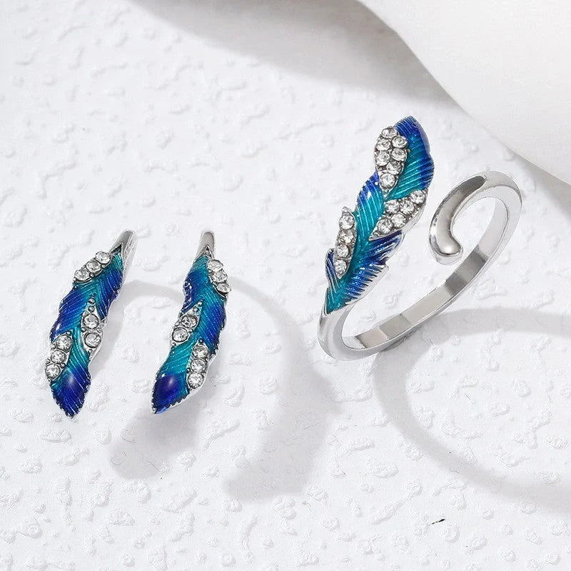 Bright blue feather earring and ring set in lightweight alloy with electroplated finish
