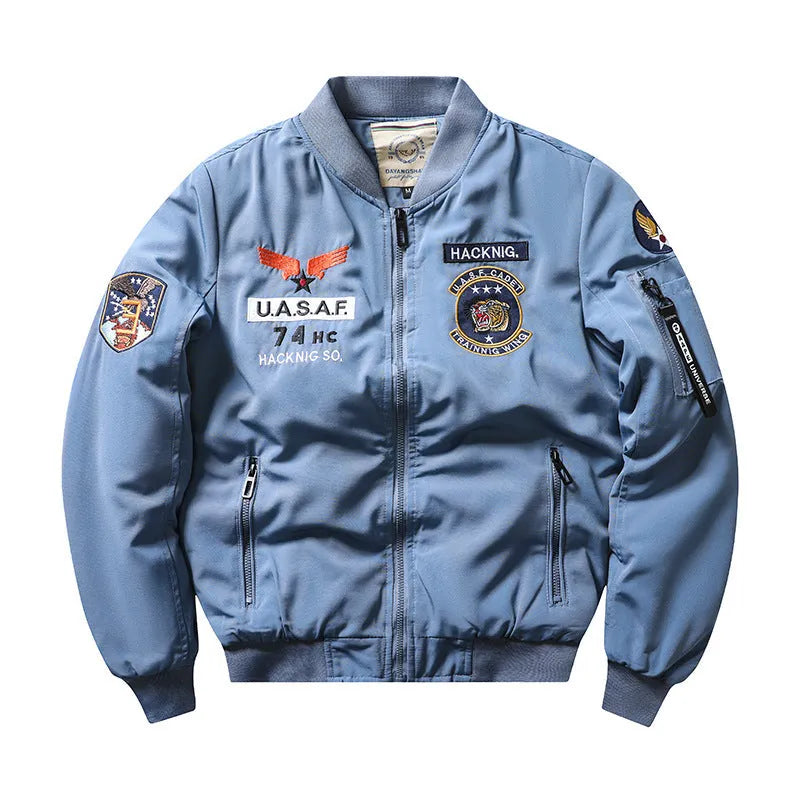 Men's retro embroidery cotton-padded coat with stand collar and patch pockets in blue colour