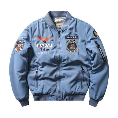 Men's retro embroidery cotton-padded coat with stand collar and patch pockets in blue colour