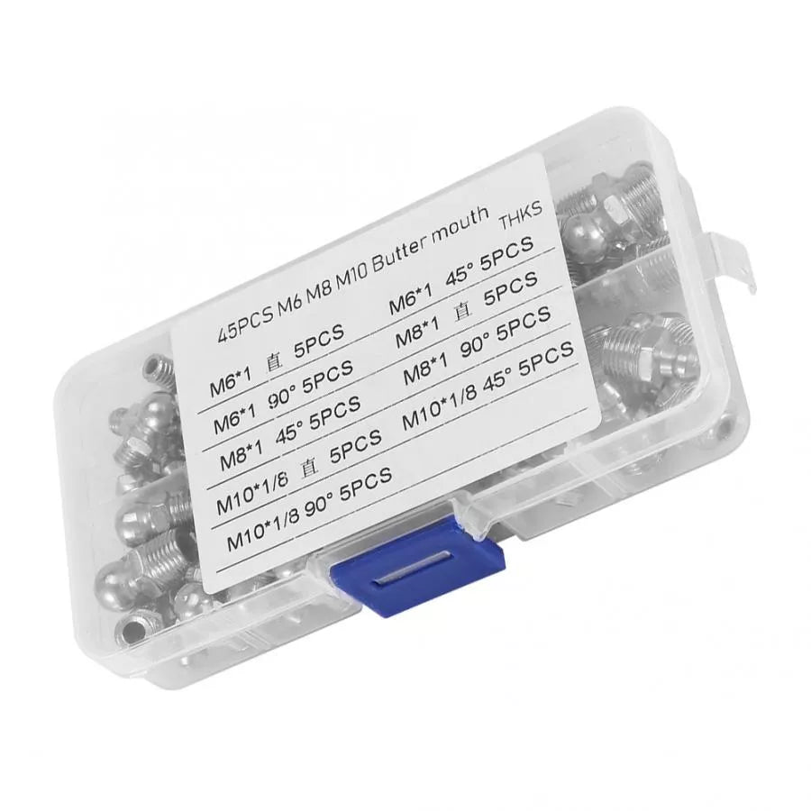 Nickel-plated iron grease nipple set with straight and curved nozzles for universal lubrication