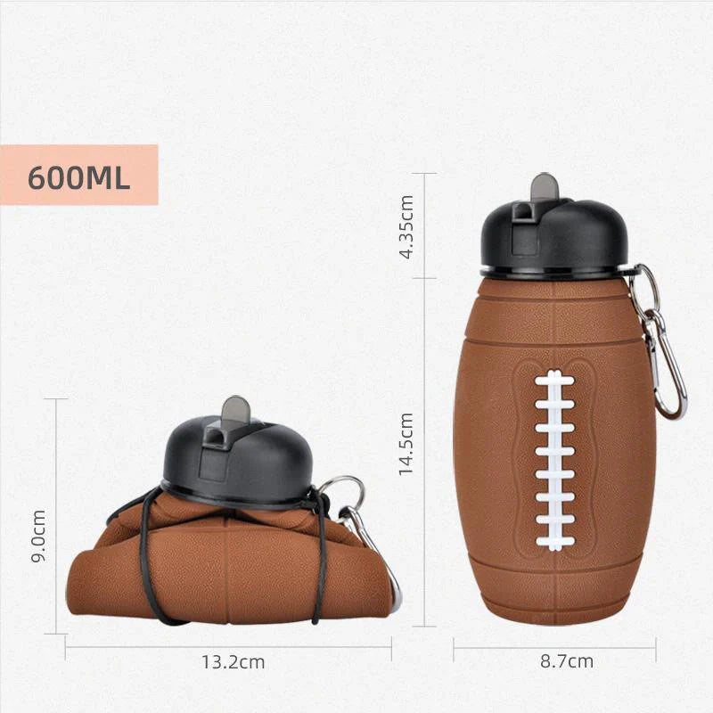 Collapsible football-shaped water bottle with leak-proof silicone seal