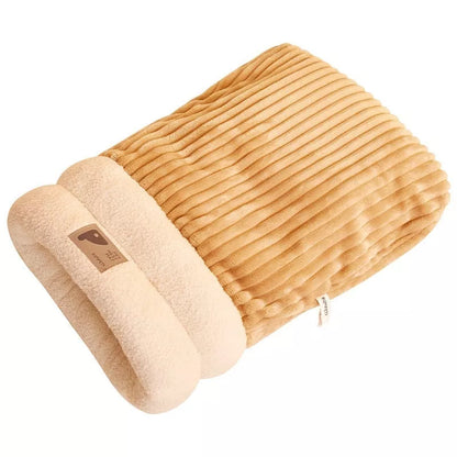 Winter warm plush pet sleeping bag for cats and dogs in brown, gray, and white