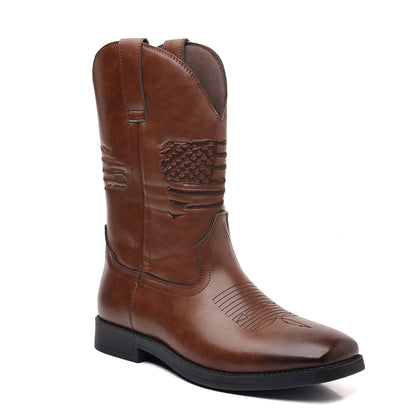 Men's brown embroidered retro wide head cowboy boots with a square toe and horseshoe heel.