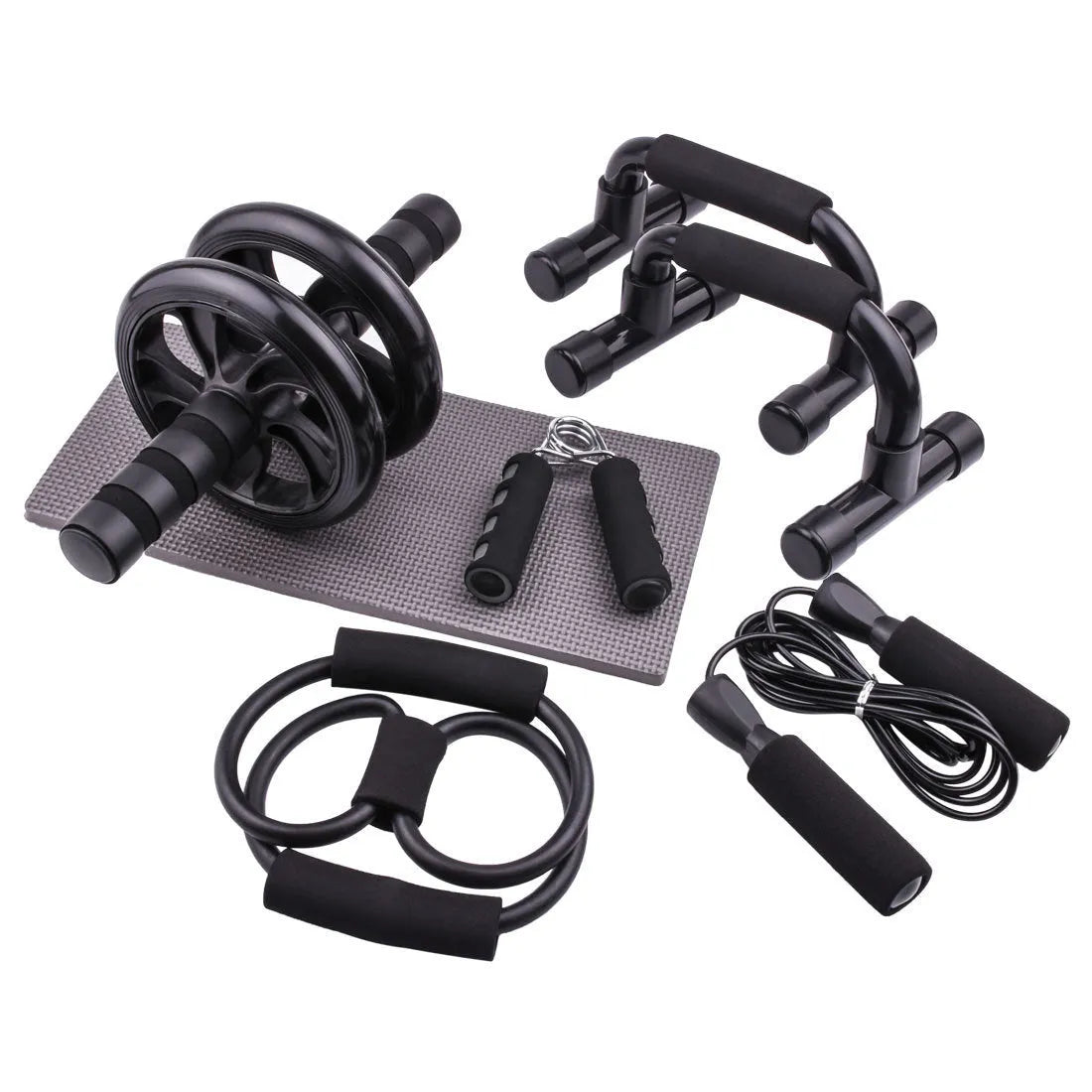 Push-up bracket with seven abdominal wheels in red, green, black, and blue colour options