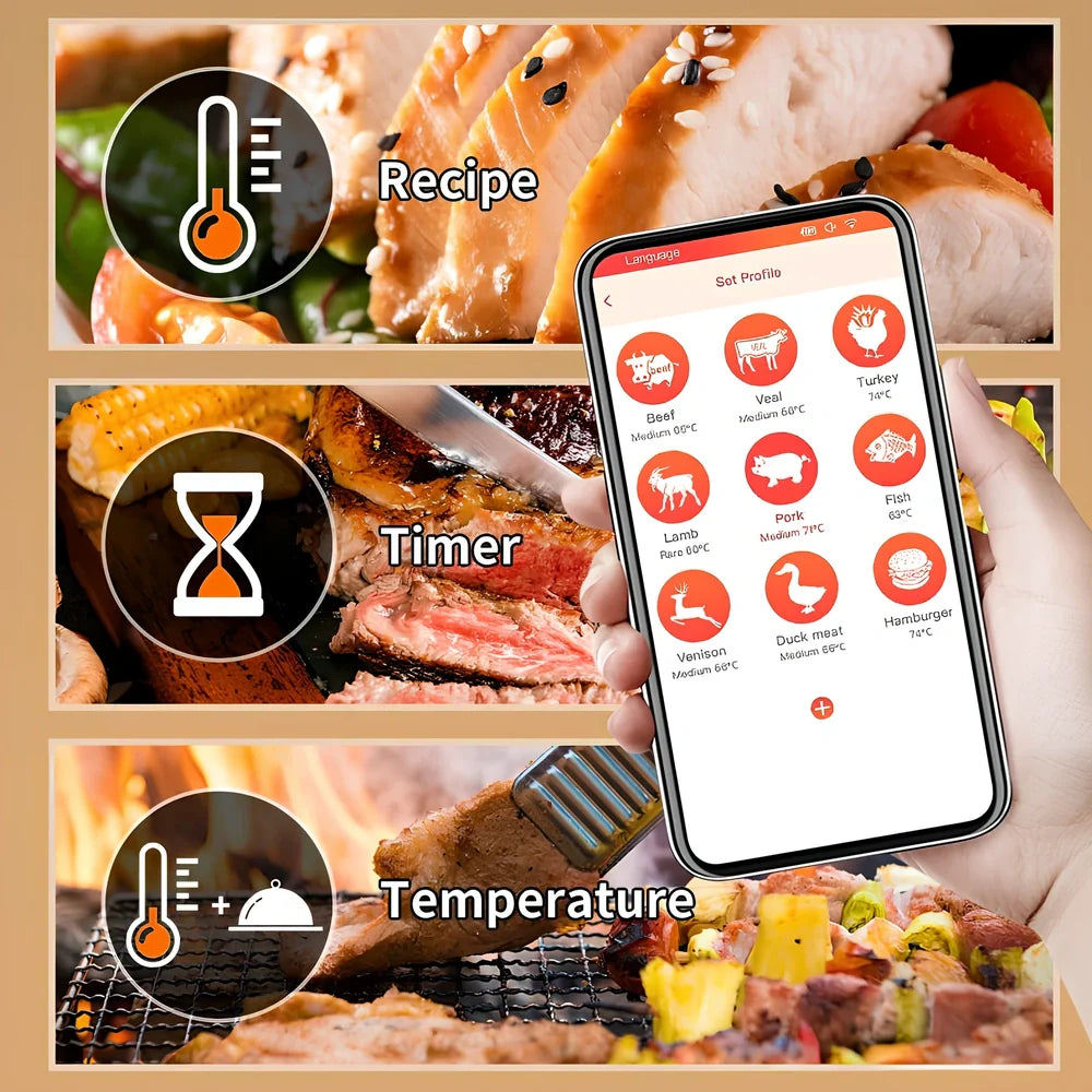 Black wireless kitchen thermometer with LCD display, two stainless steel probes, and magnetic backing for oven door attachment
