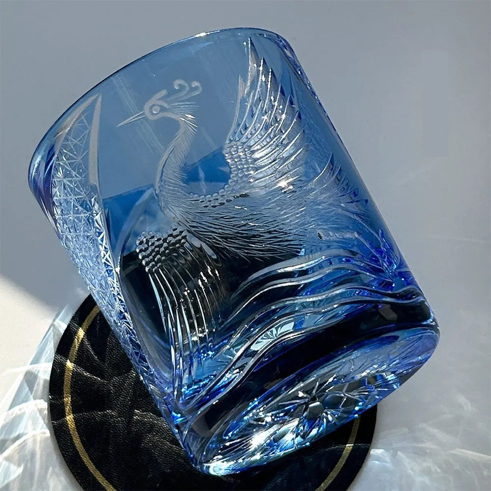 Sky blue hand carved crane water whiskey shot glass, crystal glass, 90 x 100mm, 301-400ml capacity