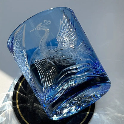 Sky blue hand carved crane water whiskey shot glass, crystal glass, 90 x 100mm, 301-400ml capacity