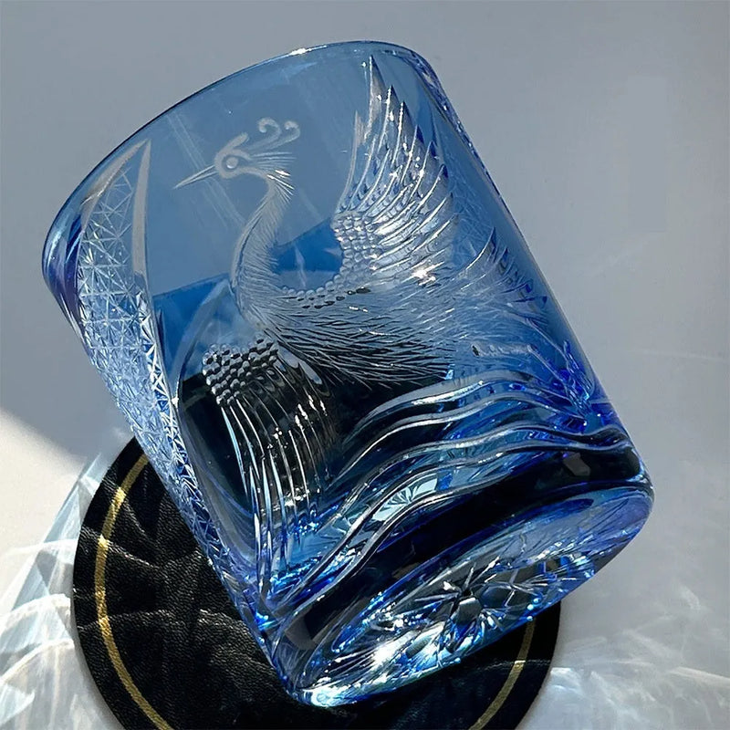 Crane Water Blue Hand Carved Whiskey Shot Glass Crystal Glass 90 x 100mm 301-400ml Capacity Simple Modern Sky Blue Wine Glass for Whiskey and Spirits