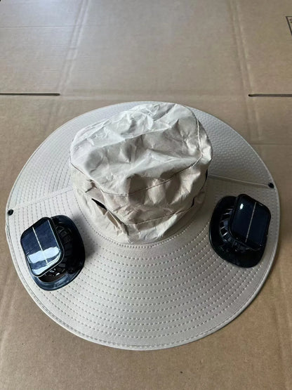 Men's grey solar-powered cooling cap with large eave and integrated fan for sun protection
