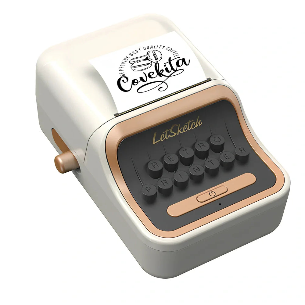 Portable thermal Bluetooth label printer measuring 135x92x60mm with included adhesive label rolls